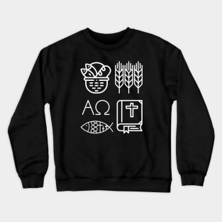 Black and White Christian Symbols Alpha, Omega, Wheat, Harvest, Bible, Fish, Bread Crewneck Sweatshirt